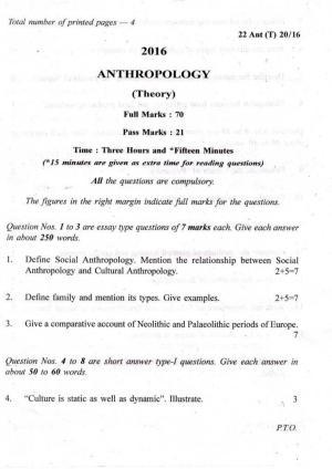 COHSEM Class 12 Anthropology 2016 Question Papers