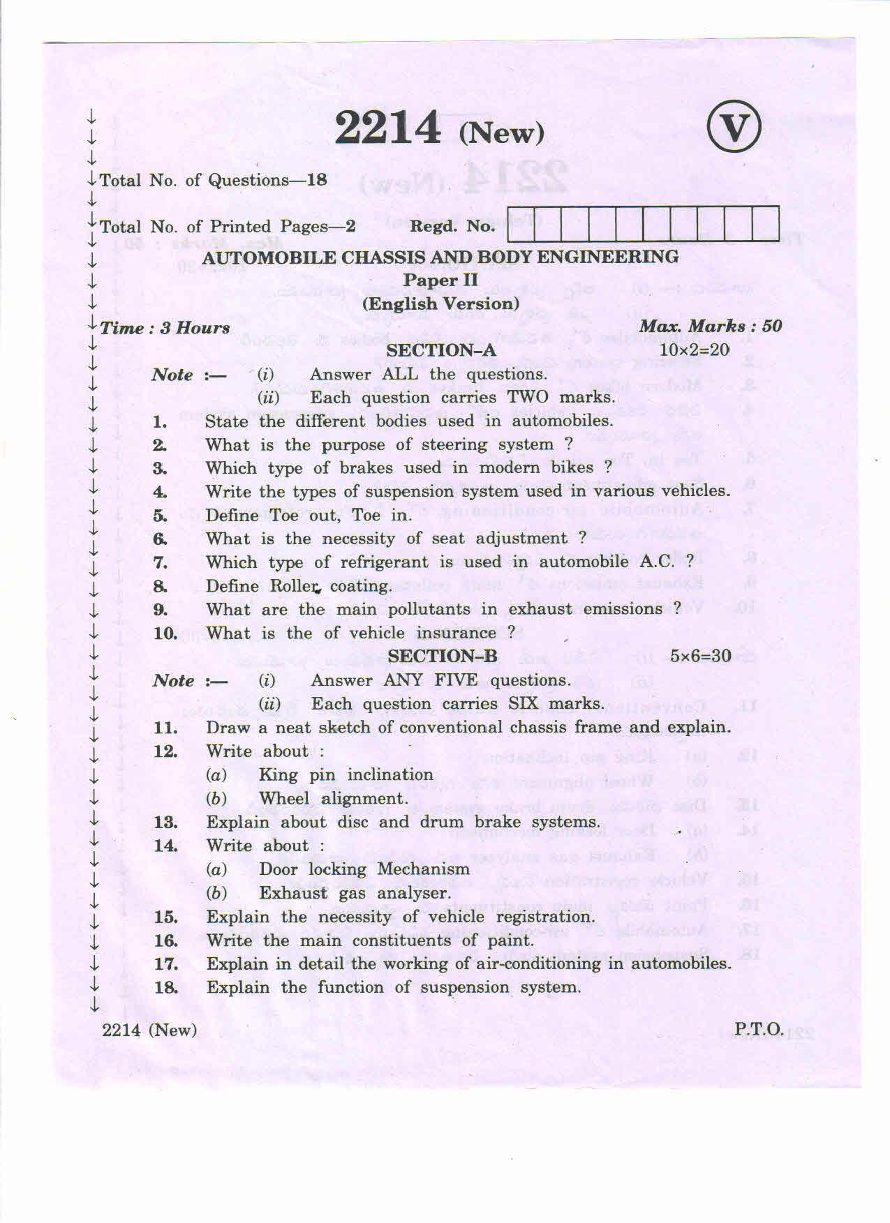 AP Inter 2nd Year Automobile Chassis Body Engineering-II (new) March-2020-Vocational Question Pape - Page 1