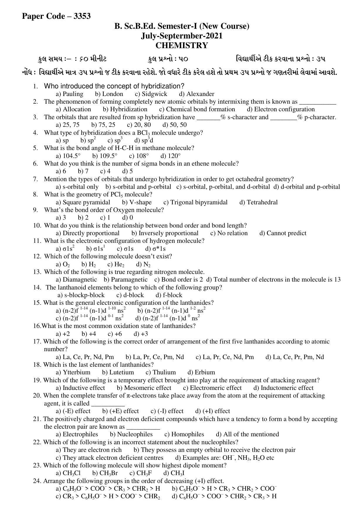 Hemchand North Gujarat University Sample Paper July-Sept 2021: B. Sc.B.Ed. Semester-I Chemistry Paper Code – 3353 (New Course) - Page 1