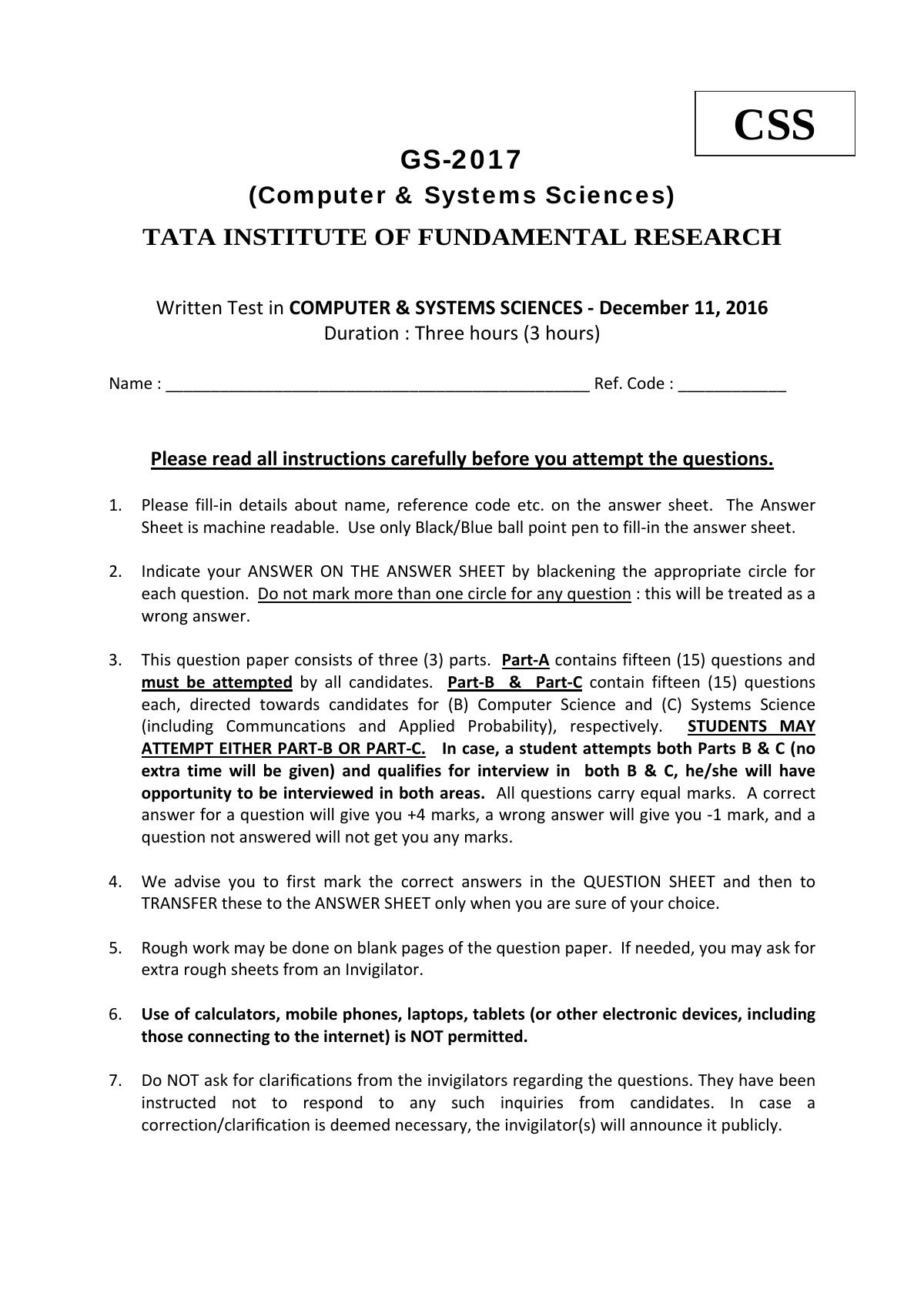 TIFR GS 2017 Computer & Systems Sciences Question Paper - Page 1