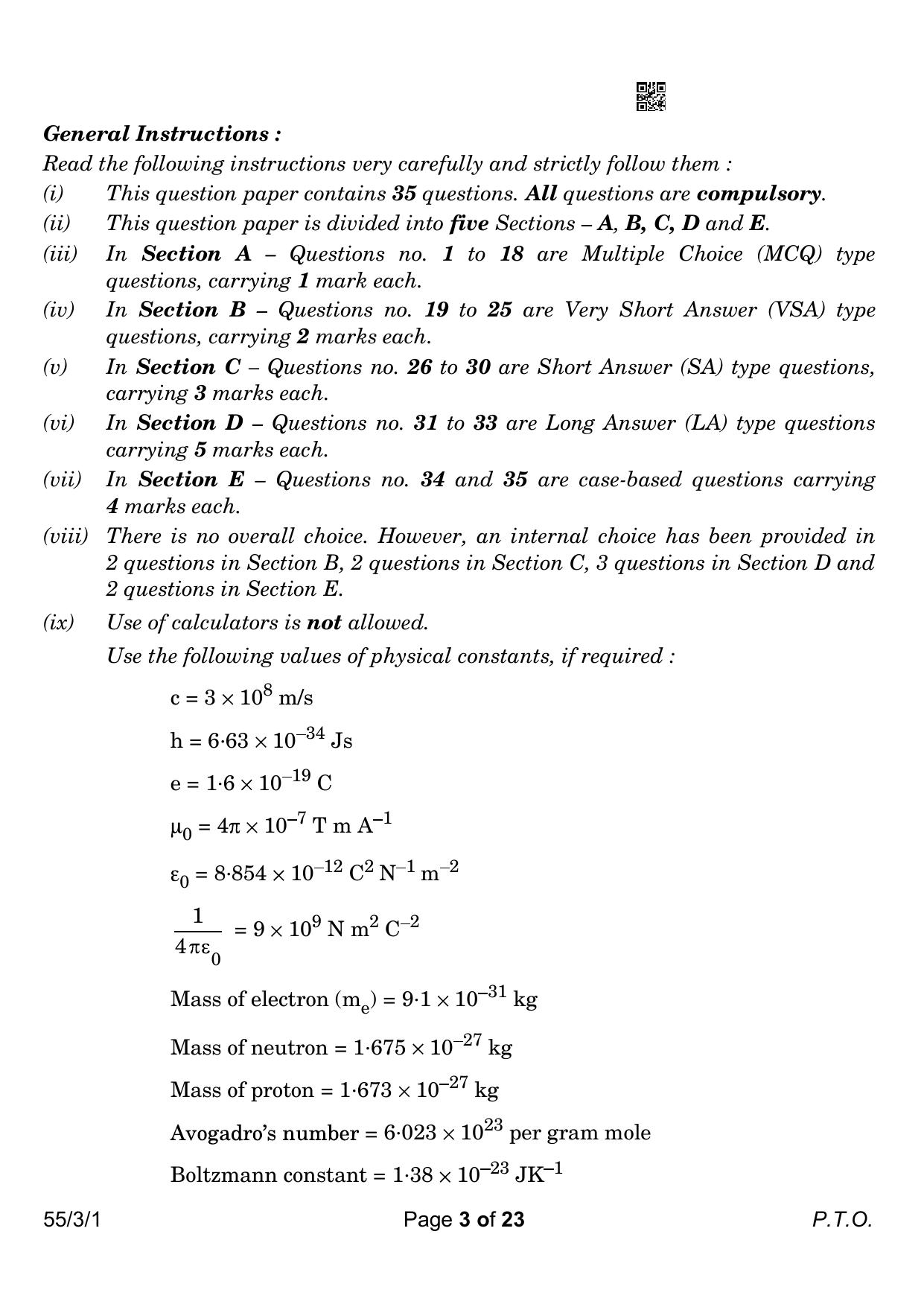 CBSE Class 12 55-3-1 Physics 2023 Question Paper - Page 3