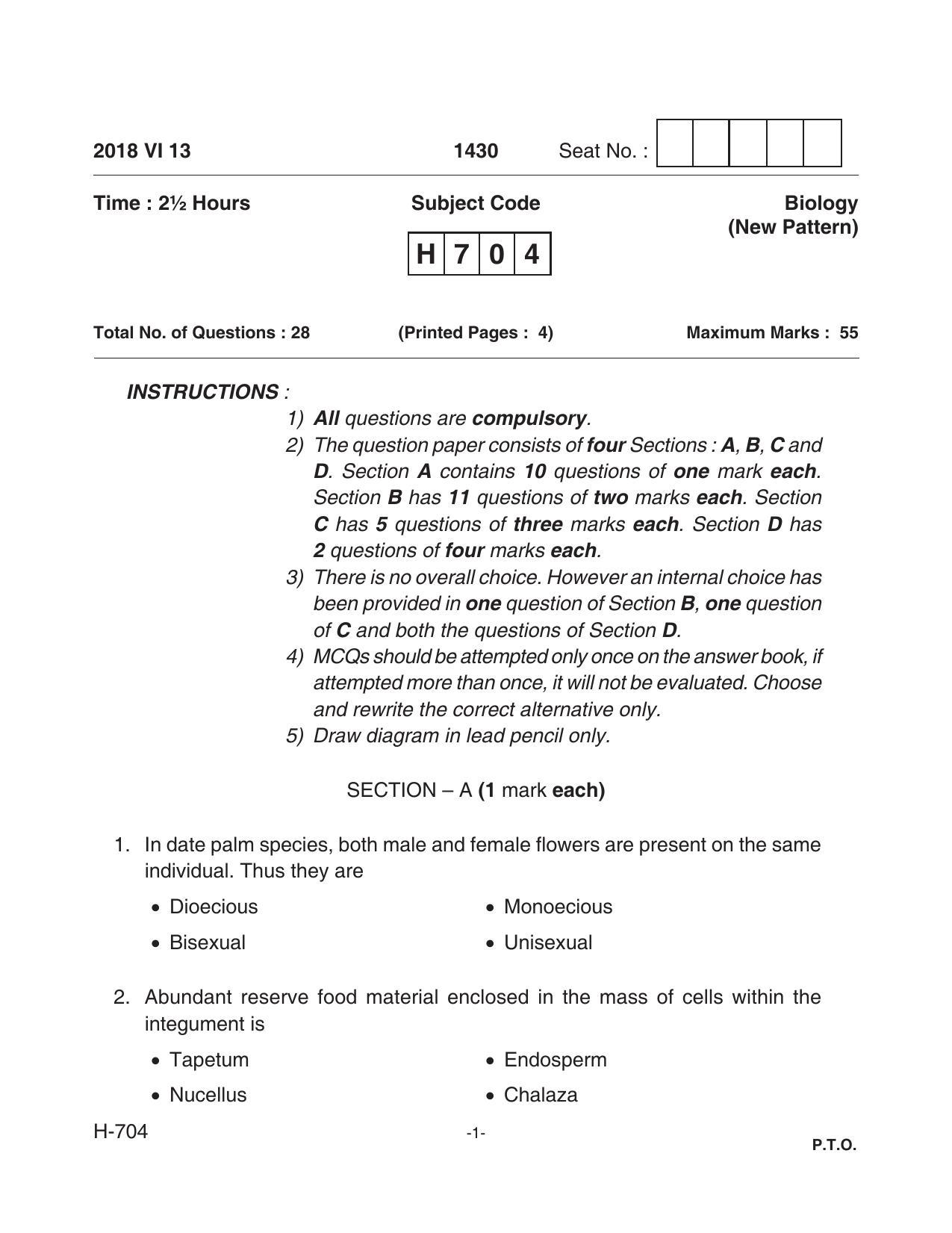 Goa Board Class 12 Biology 704 New Pattern Paper 1 (June 2018) Question Paper - Page 1