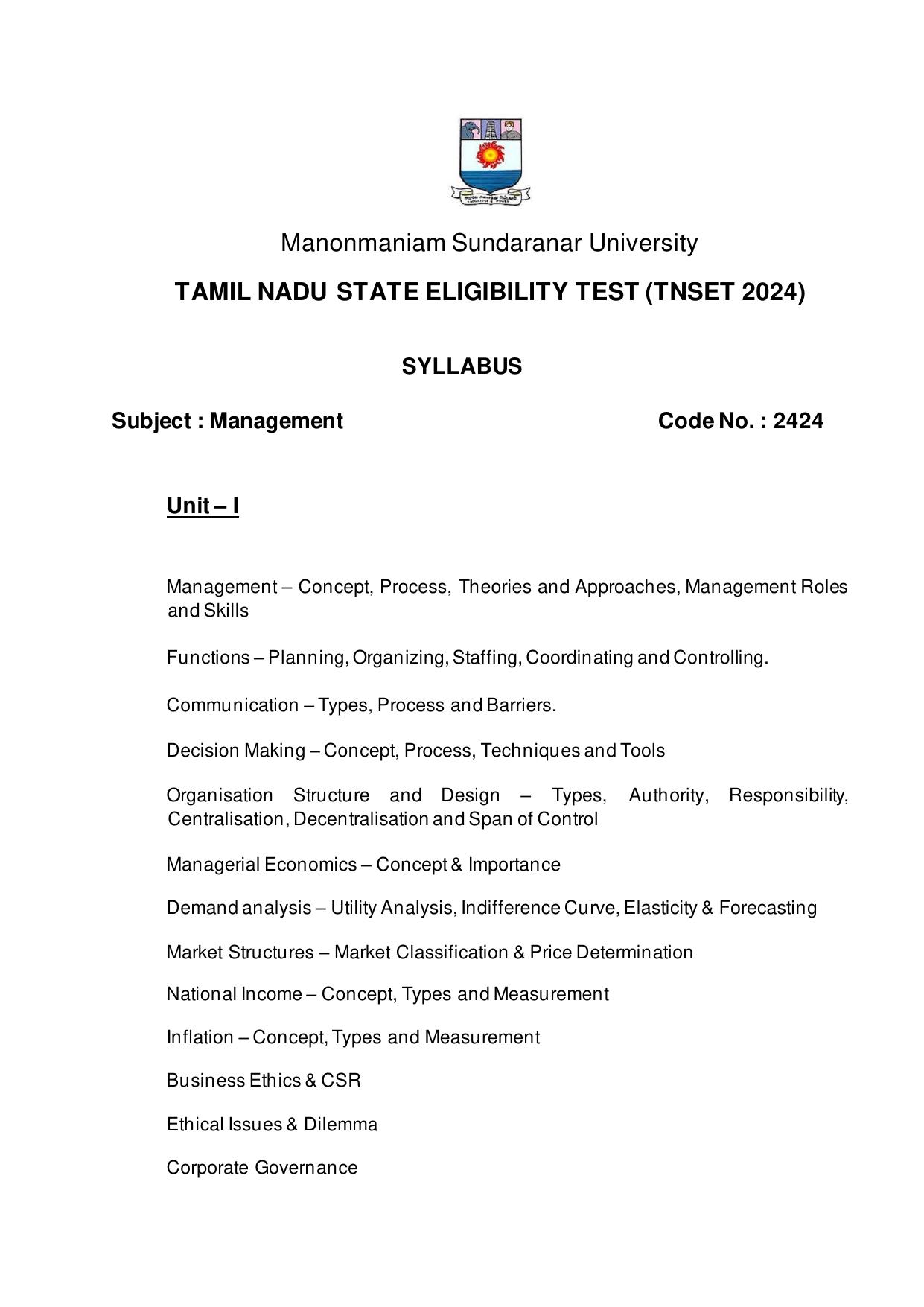TNSET Syllabus - Management - Page 1