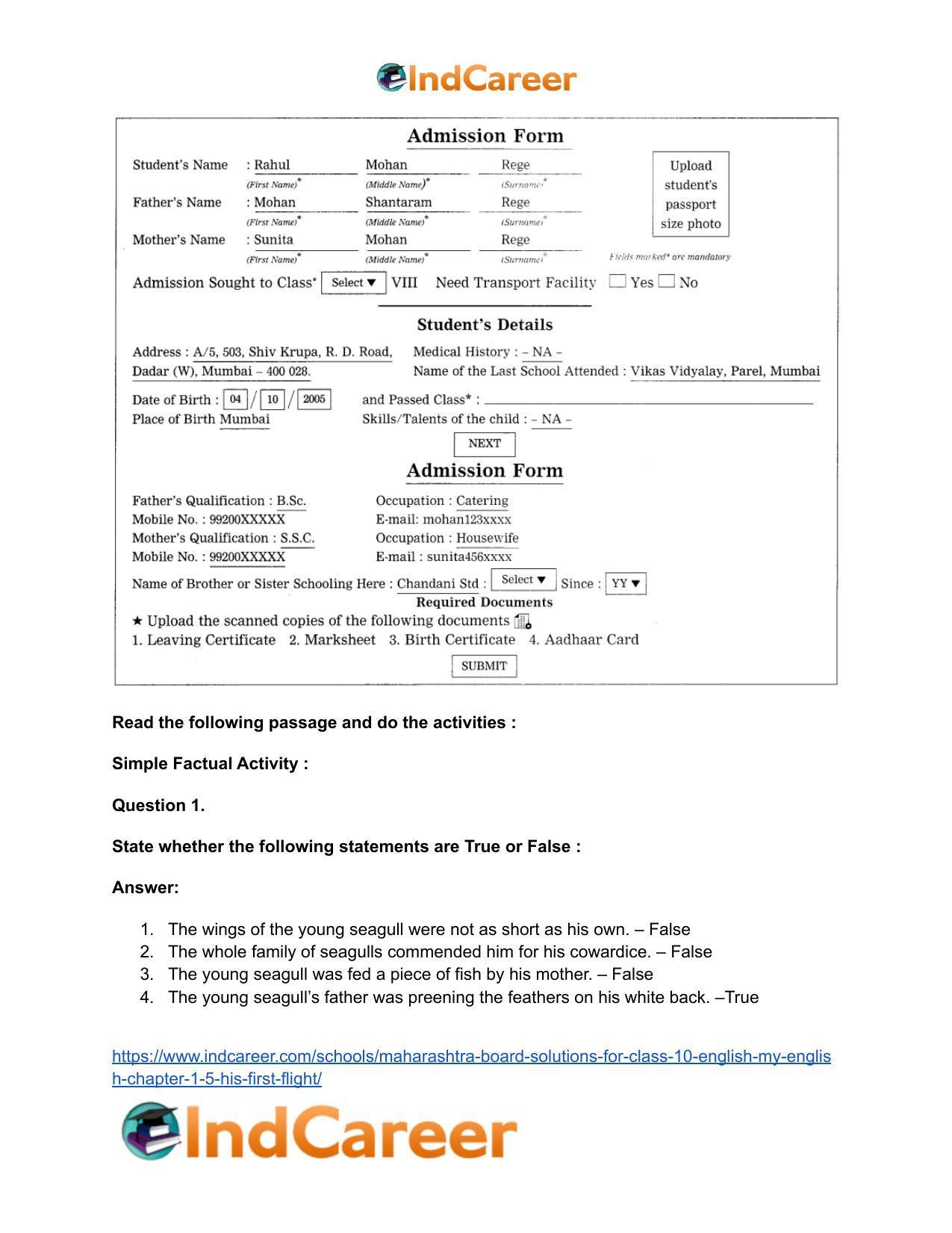 Maharashtra Board Solutions for Class 10- English (My English): Chapter 1.5- His First Flight - Page 17