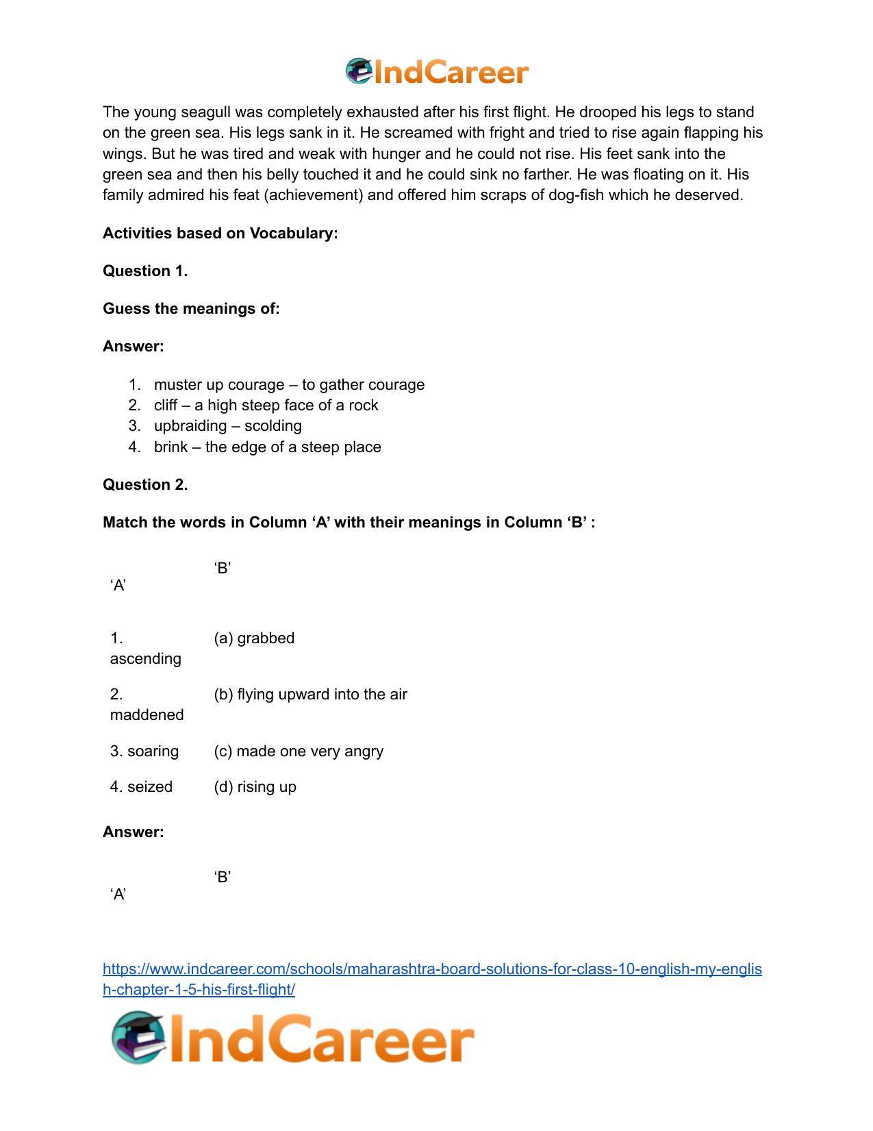 Maharashtra Board Solutions for Class 10- English (My English): Chapter 1.5- His First Flight - Page 22