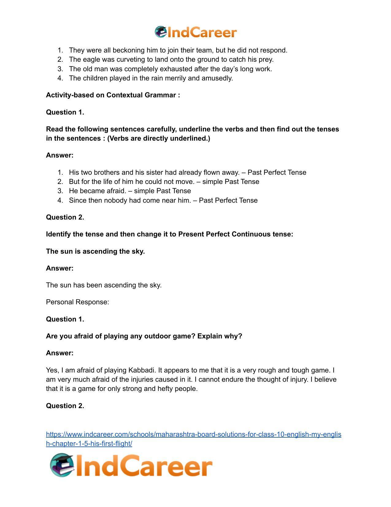 Maharashtra Board Solutions for Class 10- English (My English): Chapter 1.5- His First Flight - Page 26
