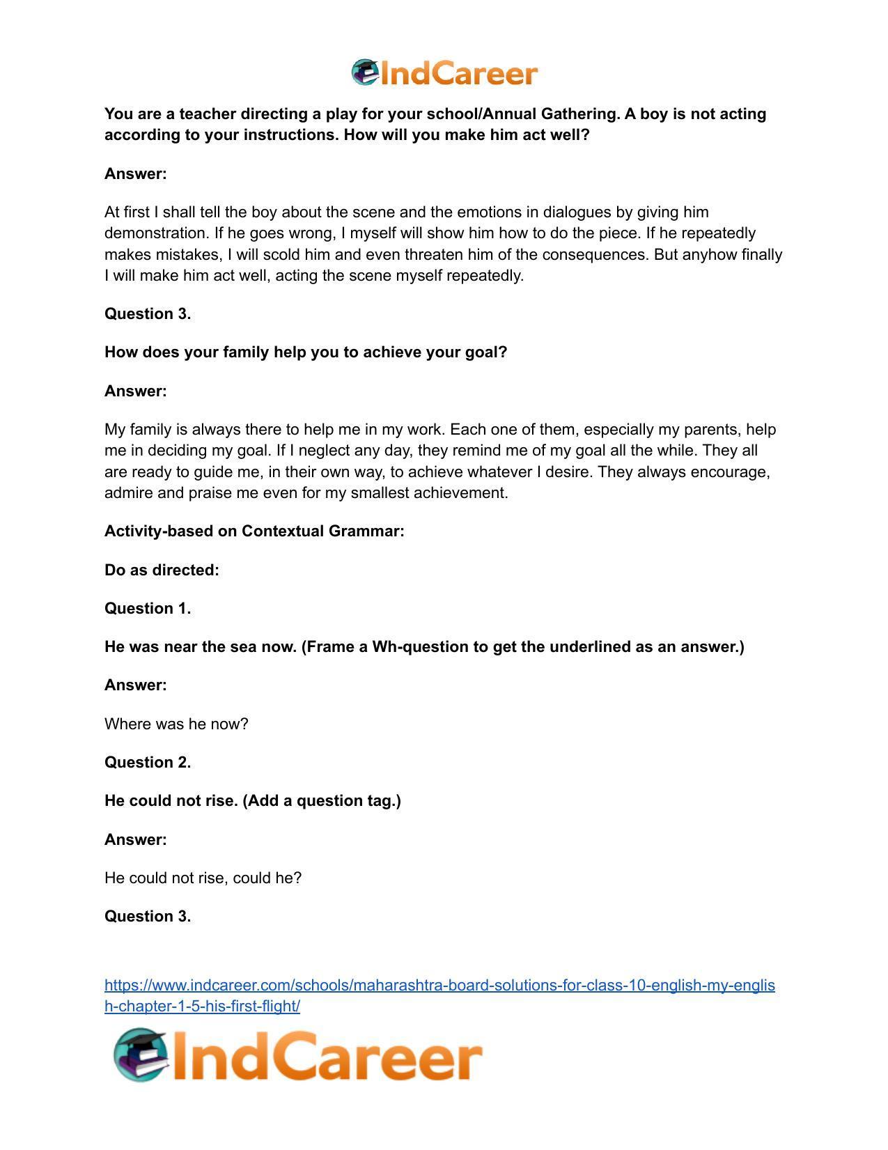 Maharashtra Board Solutions for Class 10- English (My English): Chapter 1.5- His First Flight - Page 27