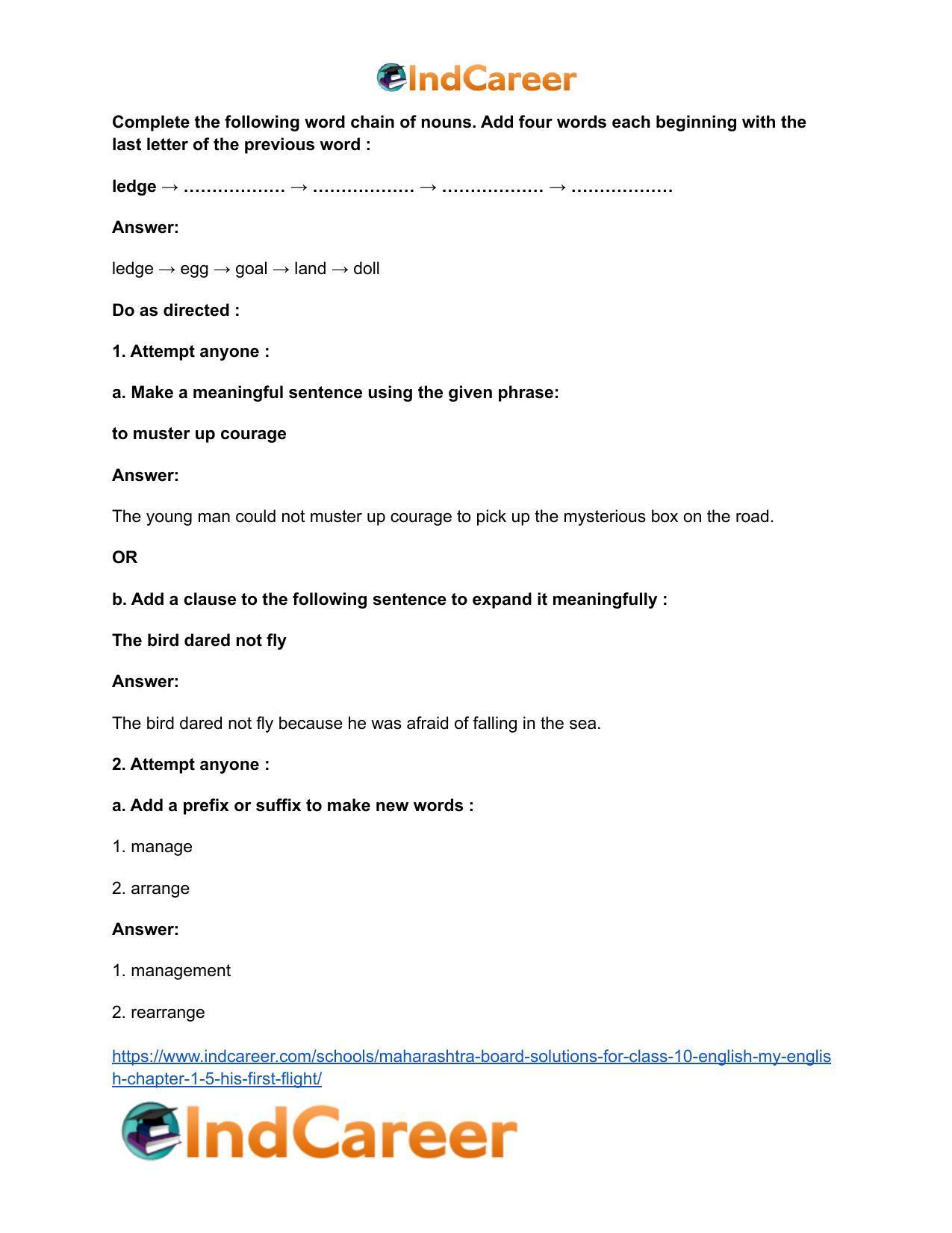 Maharashtra Board Solutions for Class 10- English (My English): Chapter 1.5- His First Flight - Page 30