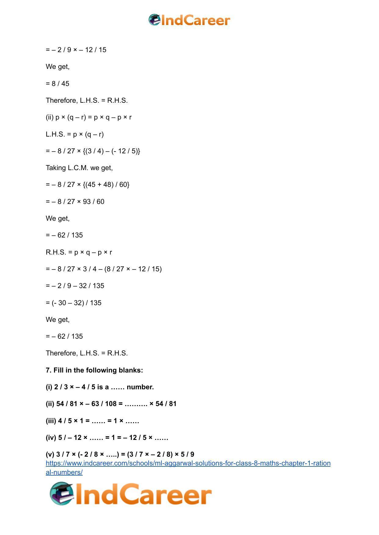 ML Aggarwal Solutions for Class 8 Maths Chapter 1- Rational Numbers - Page 27