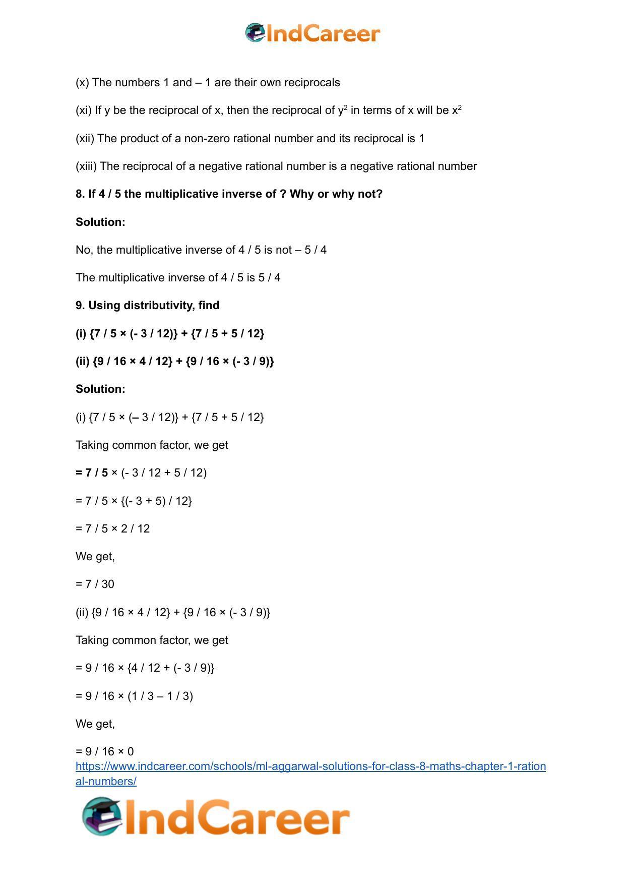 ML Aggarwal Solutions for Class 8 Maths Chapter 1- Rational Numbers - Page 29