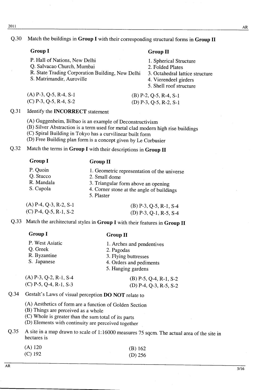 GATE 2011 Architecture and Planning (AR) Question Paper with Answer Key - Page 5