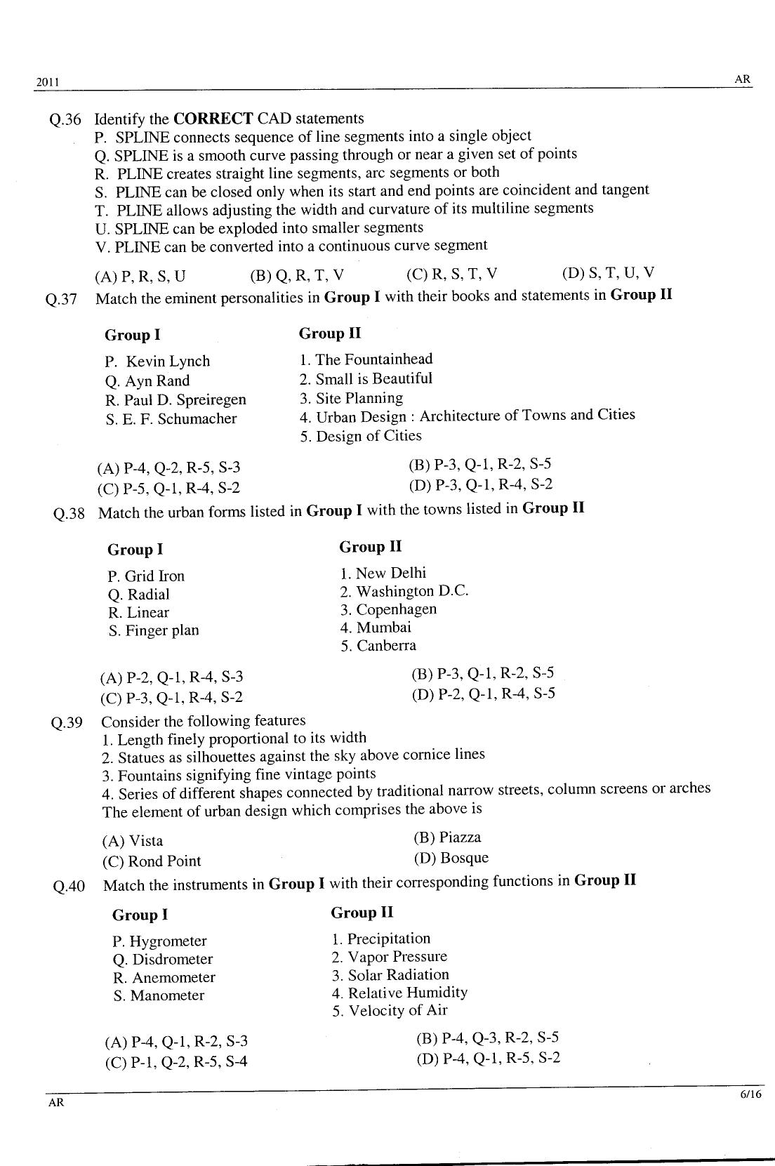 GATE 2011 Architecture and Planning (AR) Question Paper with Answer Key - Page 6