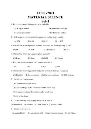 Odisha CPET 2021 MATERIAL SCIENCE Question Paper