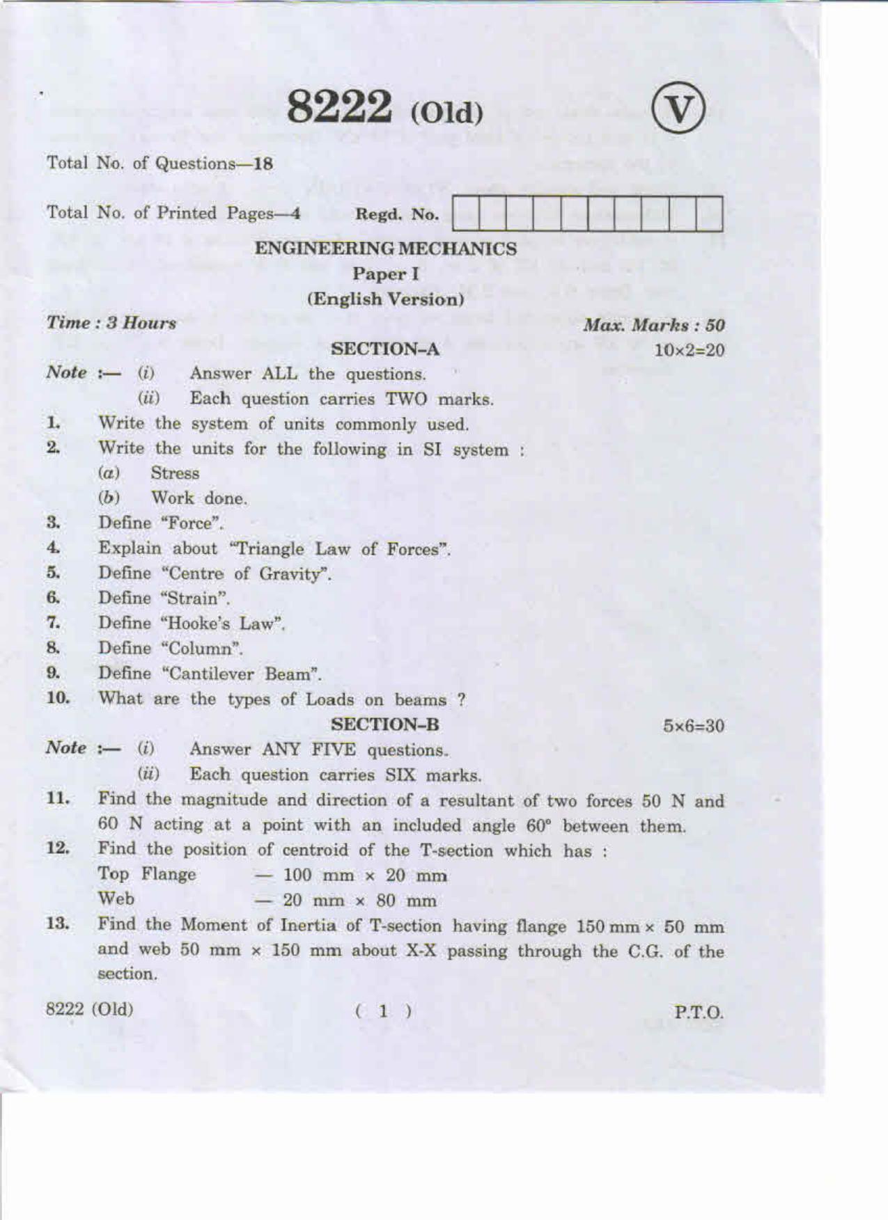 AP Inter 1st Year Engineering Mechanics-I (Old) May-2019-Vocational Question Paper - Page 1