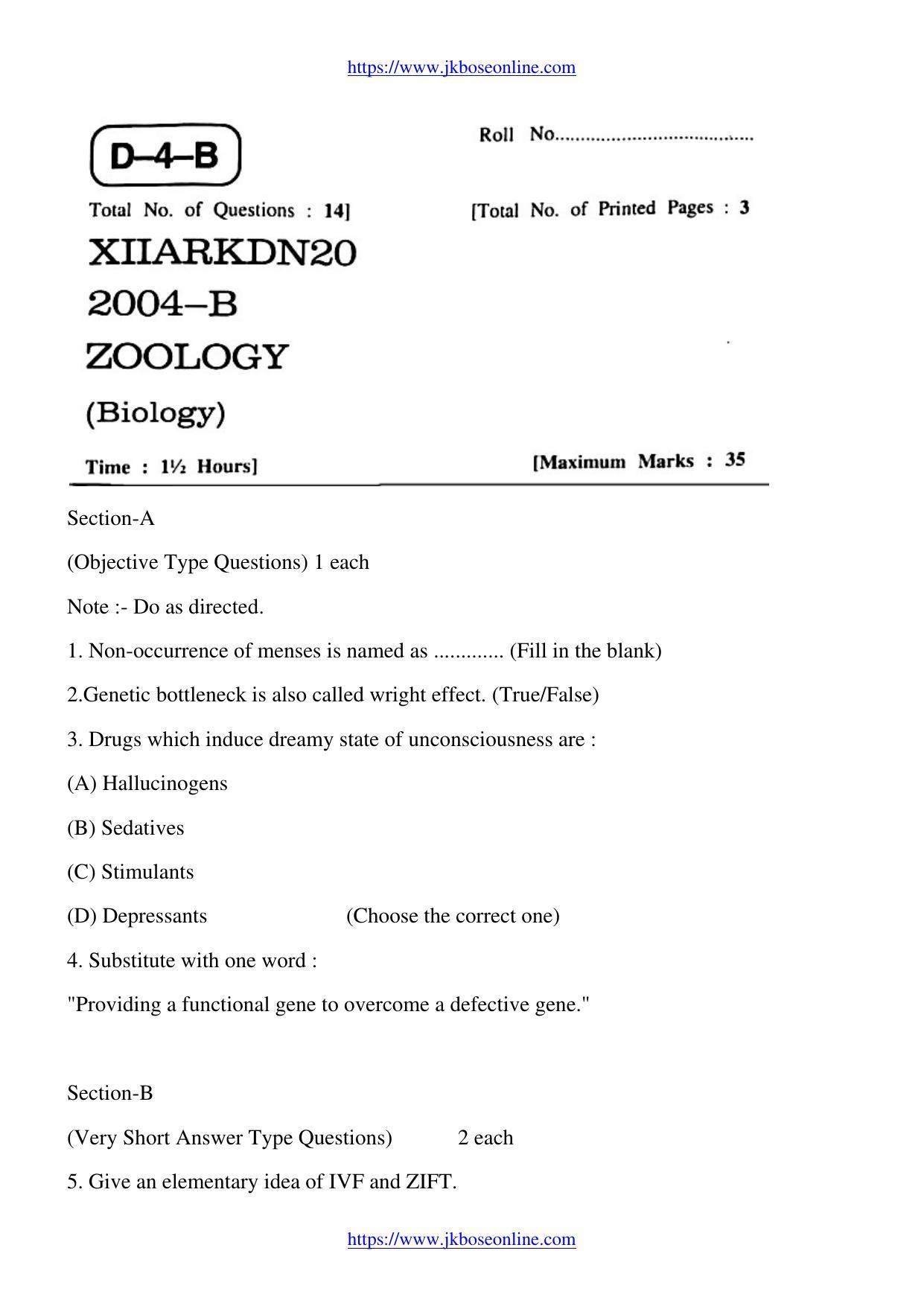 JKBOSE Class 12 Biology-Zoology 2004-B Question Papers 2020 - Page 1