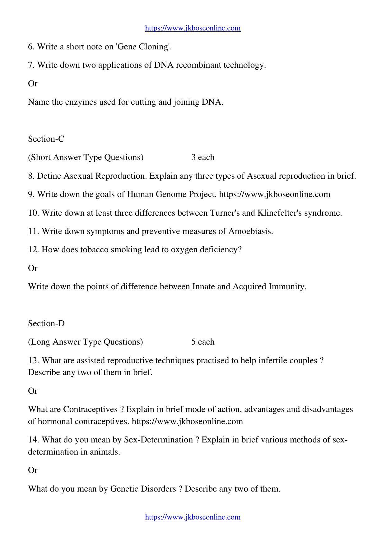 JKBOSE Class 12 Biology-Zoology 2004-B Question Papers 2020 - Page 2
