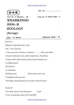 JKBOSE Class 12 Biology-Zoology 2004-B Question Papers 2020