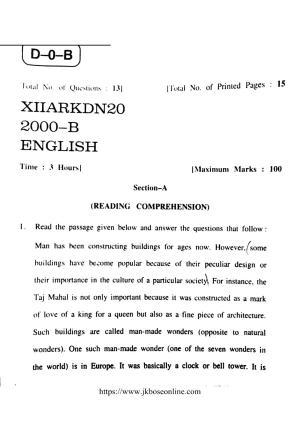 JKBOSE Class 12 English 2000-B Question Papers 2020