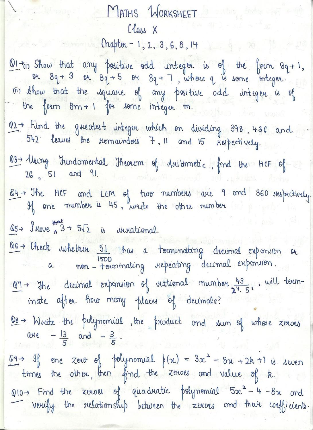 CBSE Worksheets for Class 10 Maths SA2 Assignment 3 - Page 1