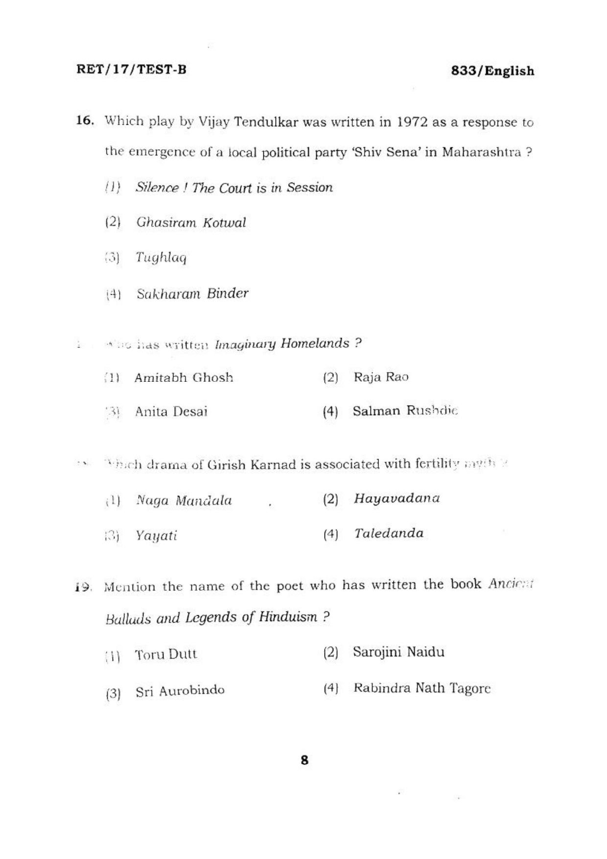 BHU RET ENGLISH 2017 Question Paper - Page 9