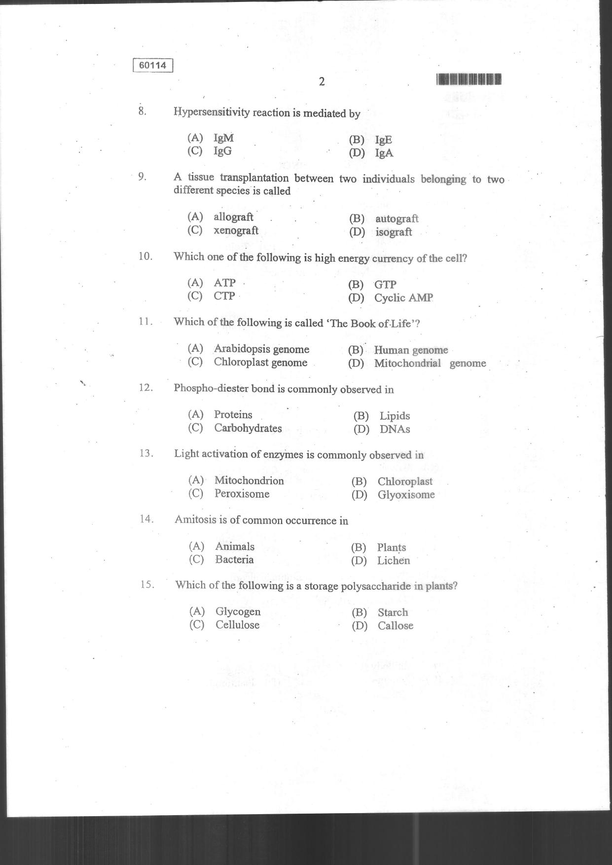 CUSAT CAT 2014 Biotechnology Question Paper - Page 4