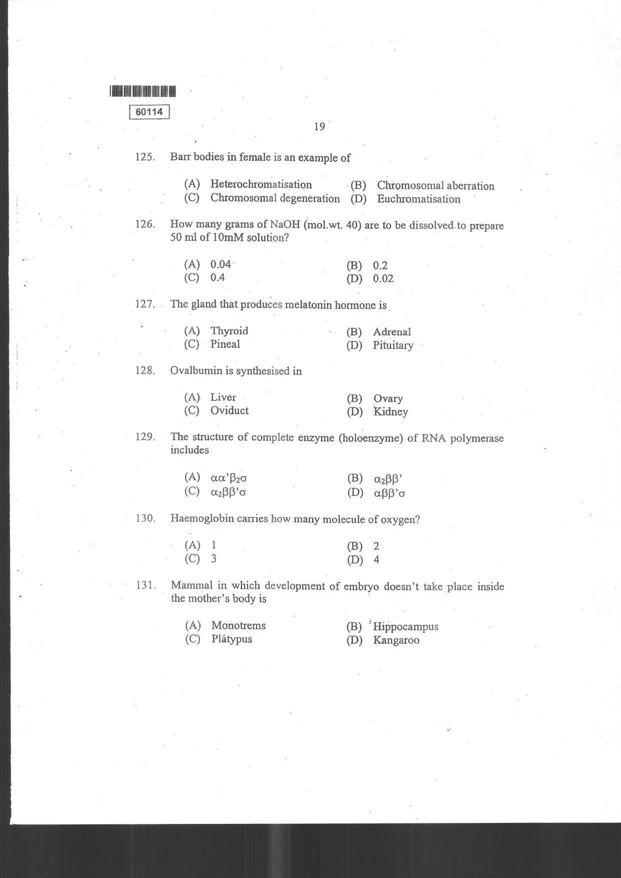 CUSAT CAT 2014 Biotechnology Question Paper - Page 21