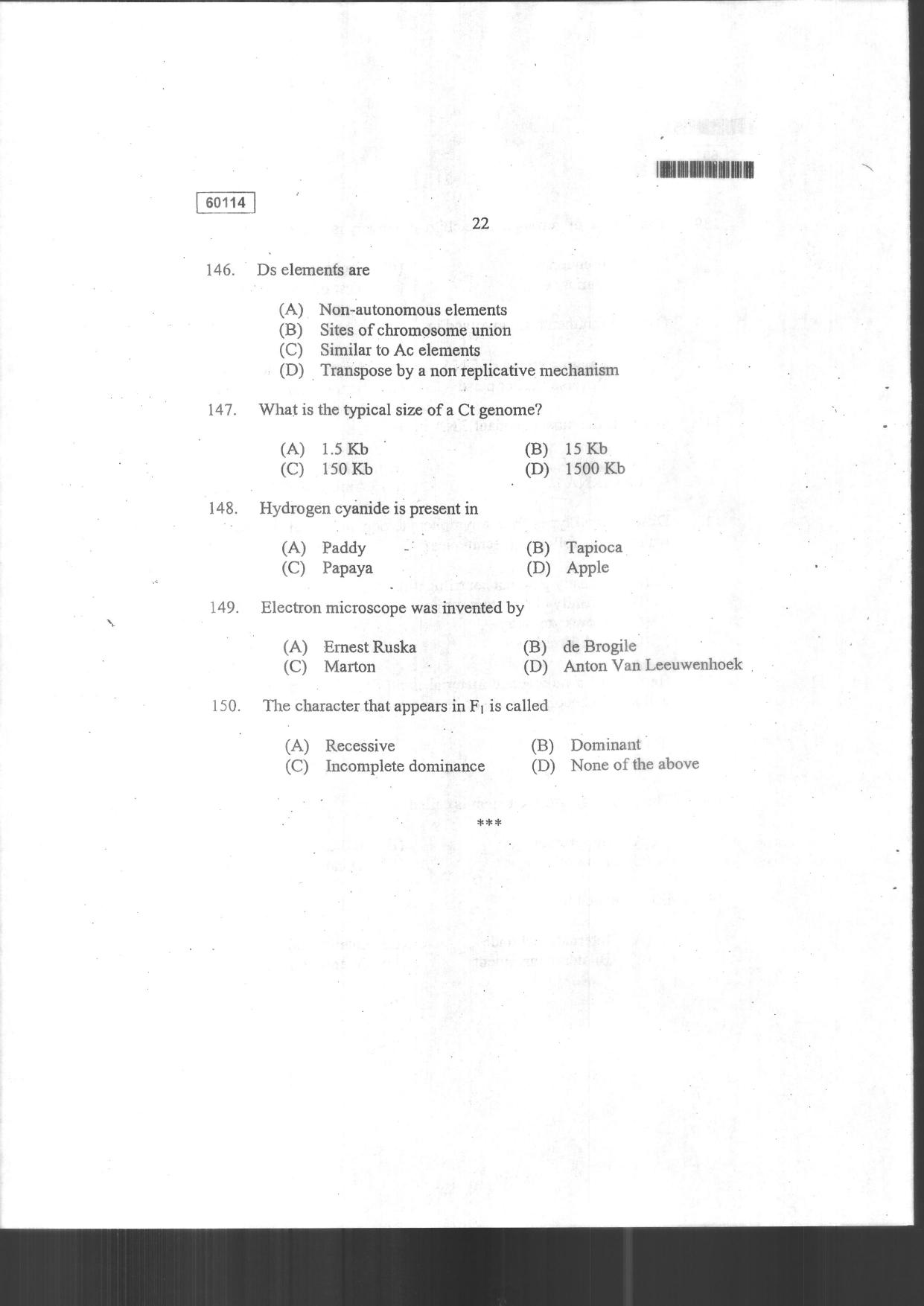 CUSAT CAT 2014 Biotechnology Question Paper - Page 24