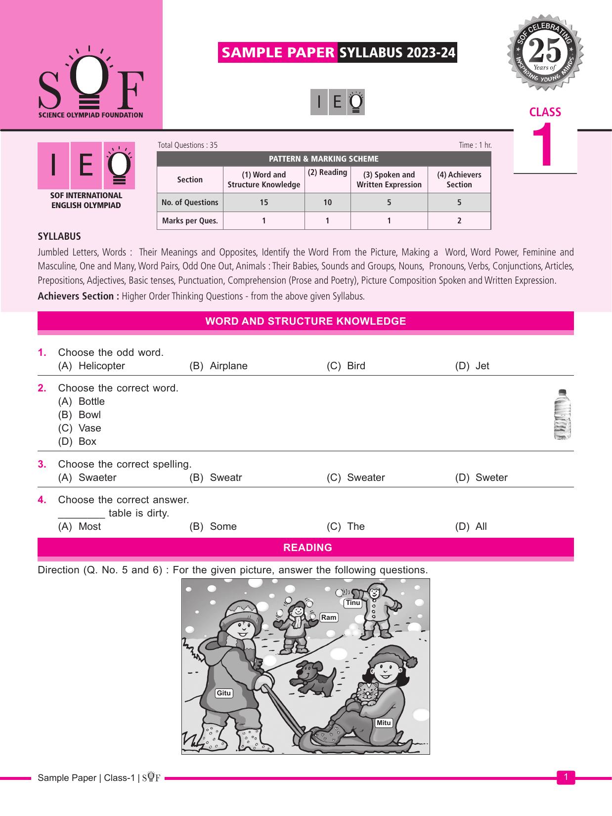 SOF IEO Class 1 Sample Paper - Page 1