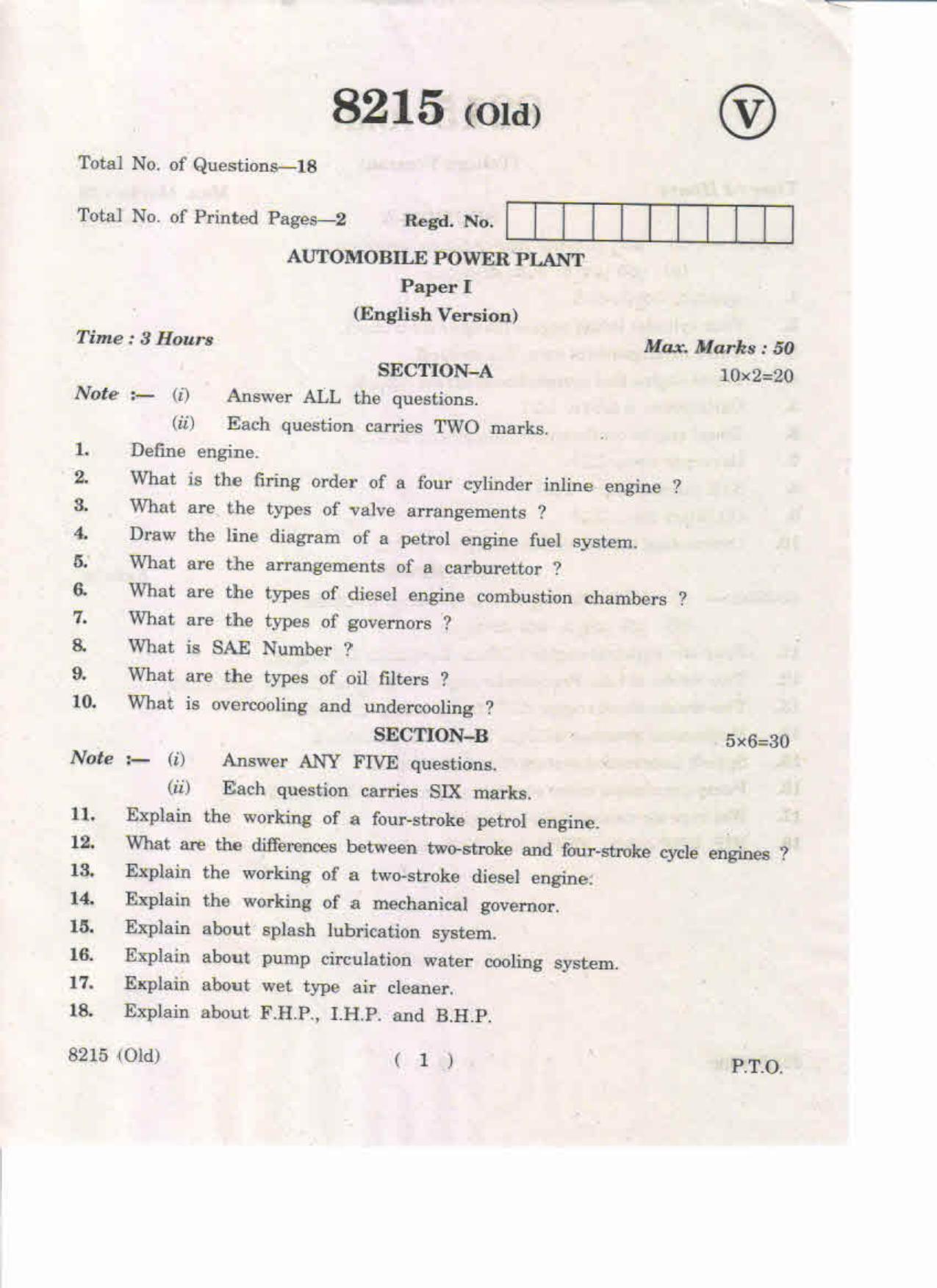 AP Inter. 2nd Year Vocational Question Paper May – 2019 - Automobile Power Plant-I(Old) - Page 1