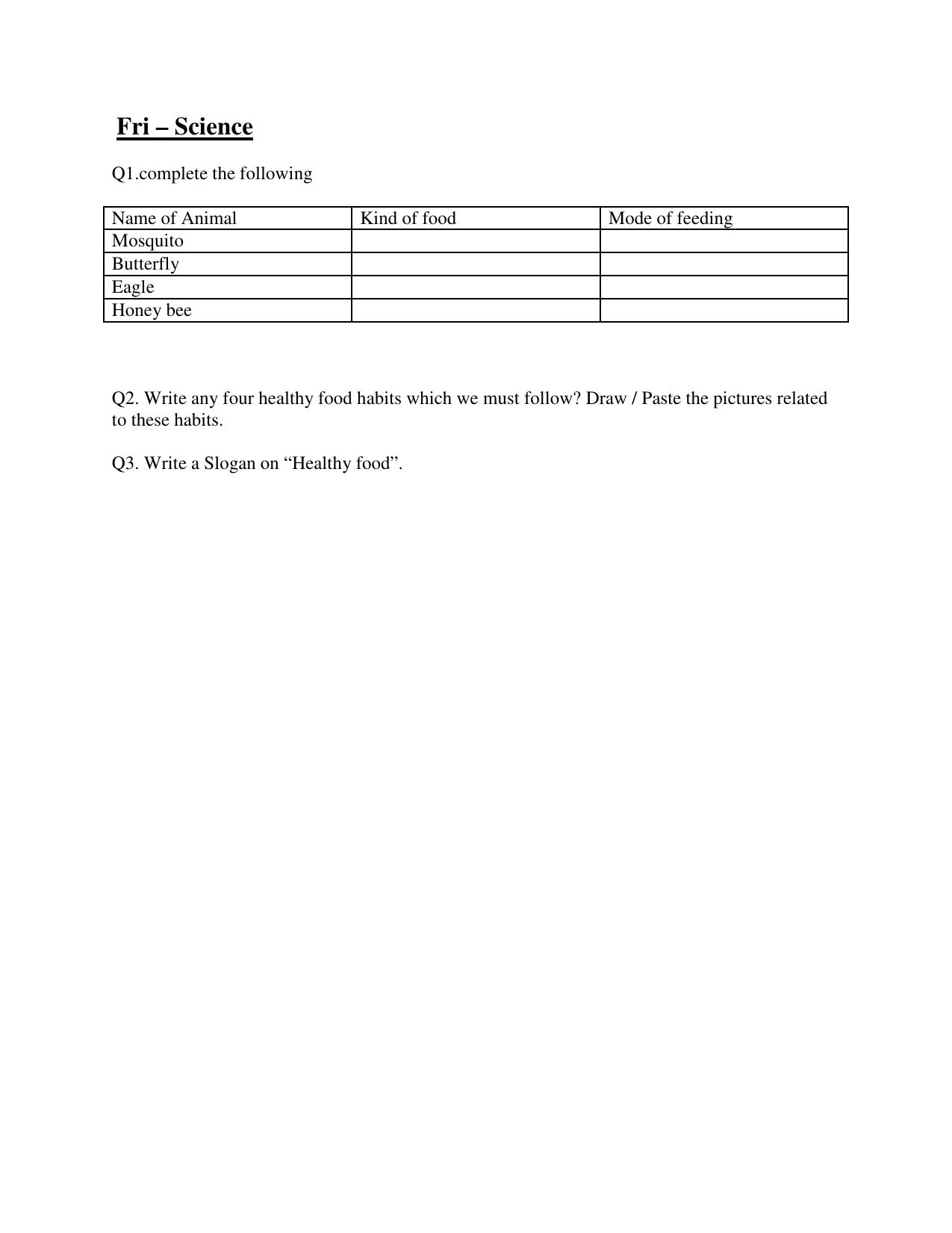 CBSE Worksheets for Class 7 Science Food Assignment - Page 1