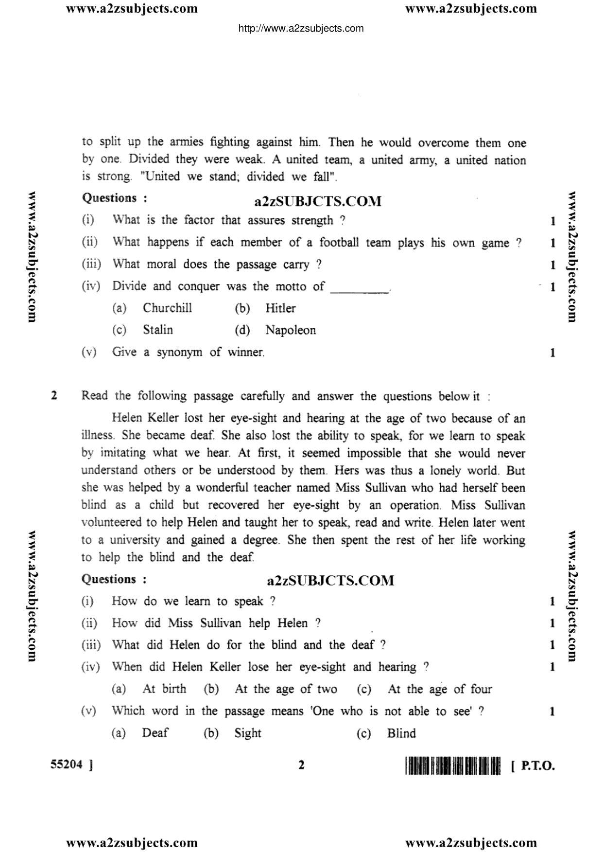 MP Board Class 10 English General 2017 Question Paper - Page 2