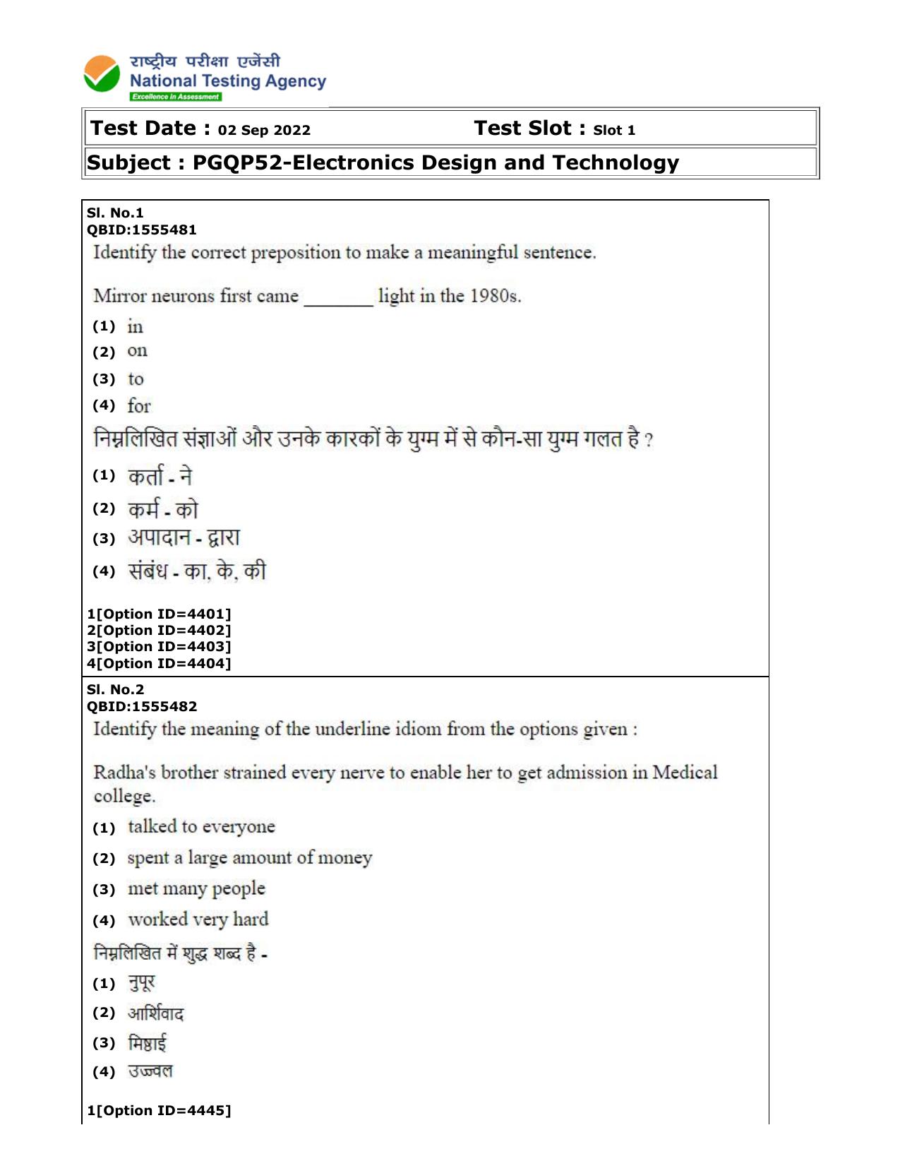 CUET (PG) 2022: PGQP-52 Electronics Design and Technology (2-09-2022) Question Paper - Page 1