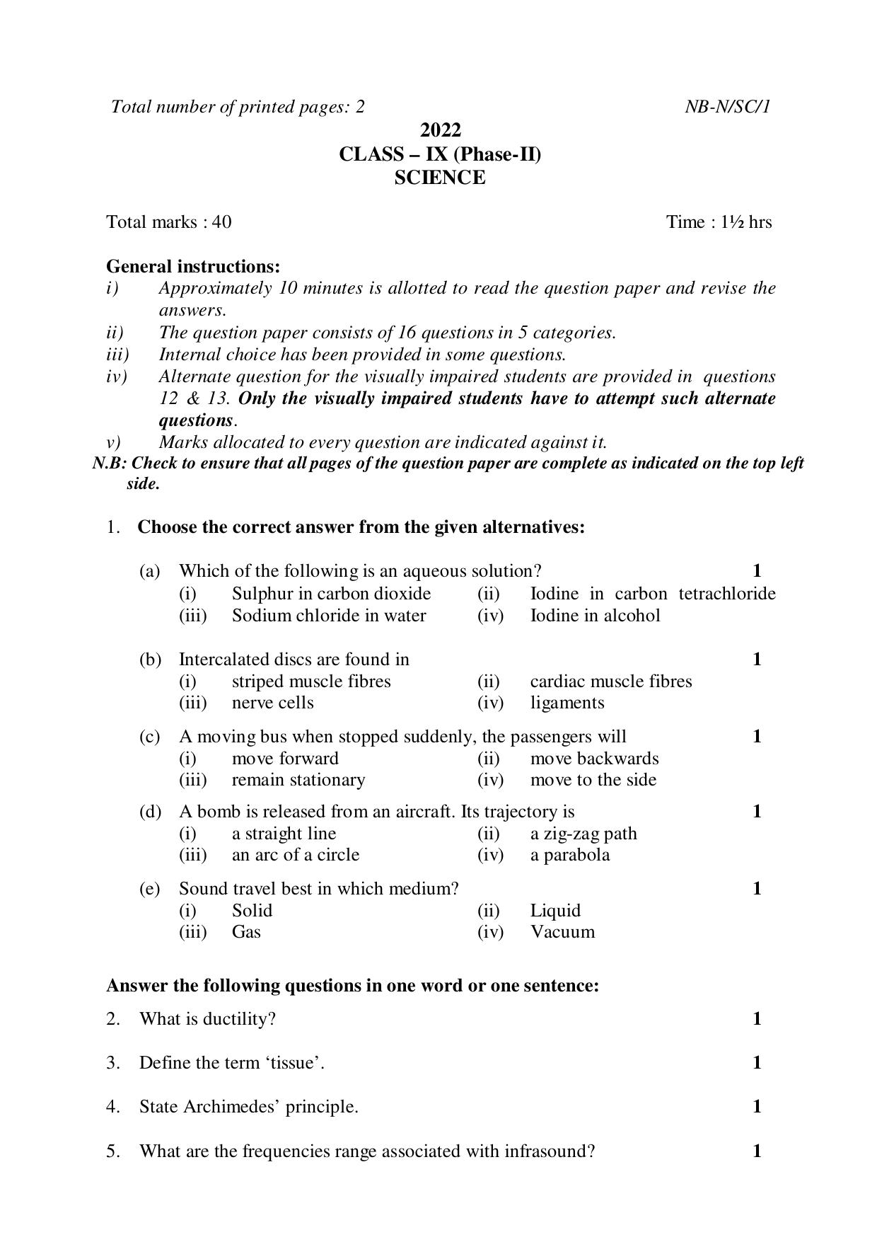 NBSE Class IX Final Examination 2022 Phase 2 Question Paper (All Subjects) - Page 1