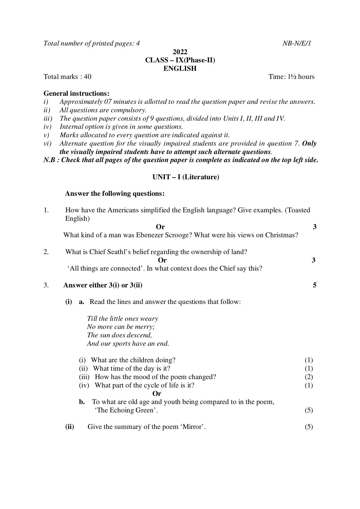 NBSE Class IX Final Examination 2022 Phase 2 Question Paper (All Subjects) - Page 3