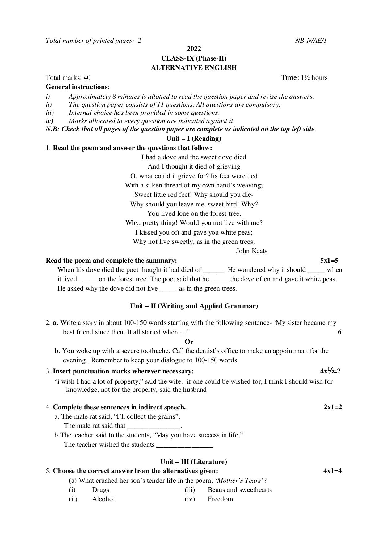 NBSE Class IX Final Examination 2022 Phase 2 Question Paper (All Subjects) - Page 29
