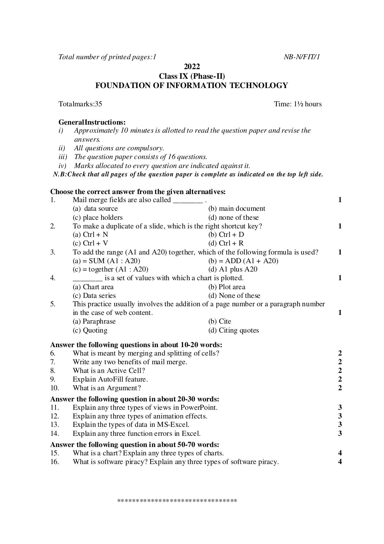 NBSE Class IX Final Examination 2022 Phase 2 Question Paper (All Subjects) - Page 31