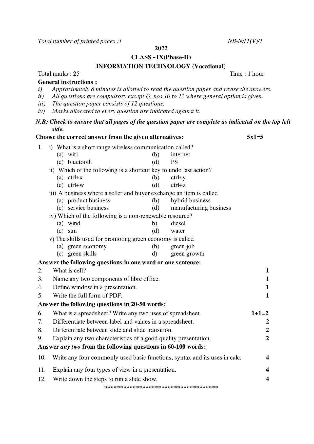 NBSE Class IX Final Examination 2022 Phase 2 Question Paper (All Subjects) - Page 37