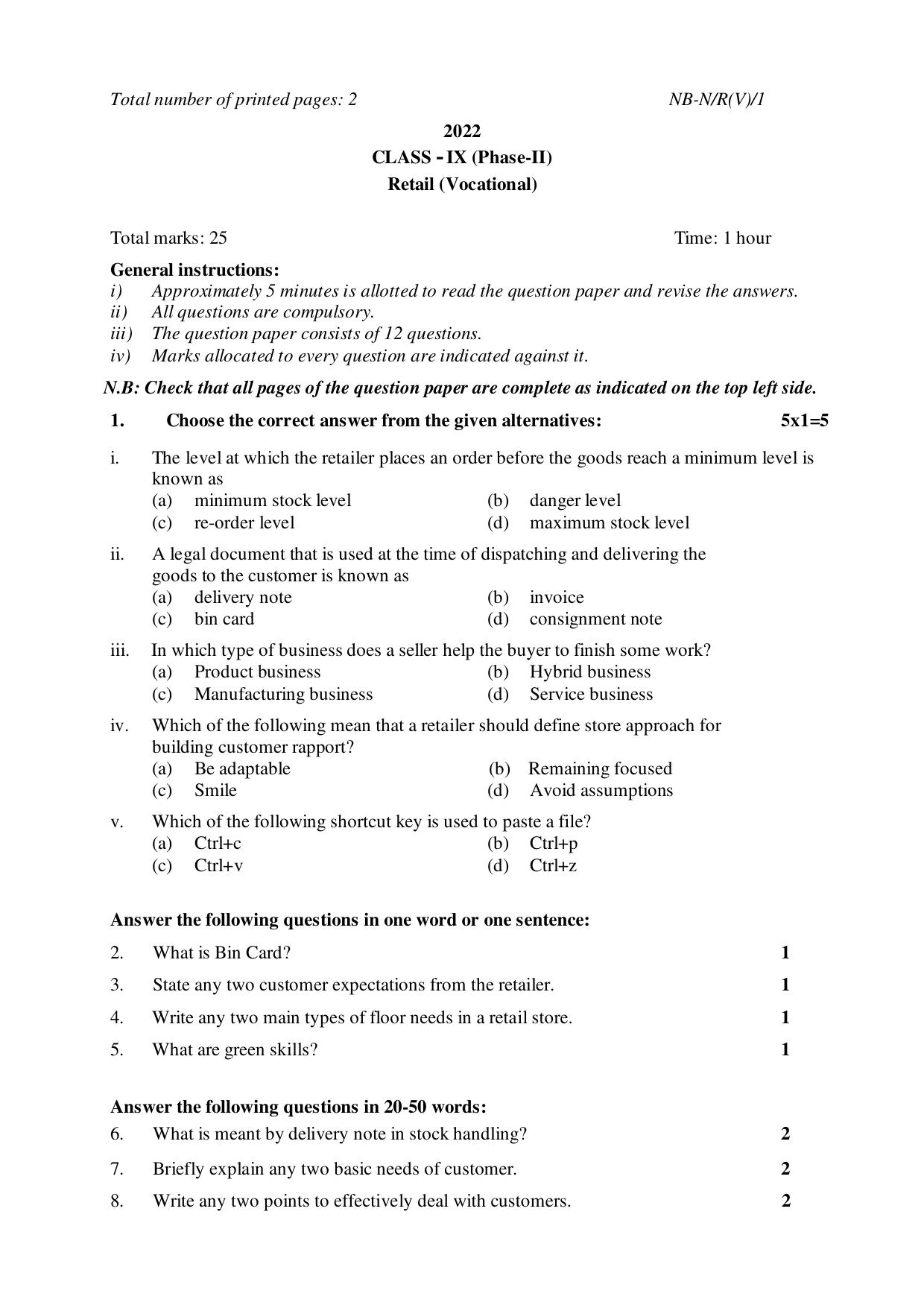 NBSE Class IX Final Examination 2022 Phase 2 Question Paper (All Subjects) - Page 38
