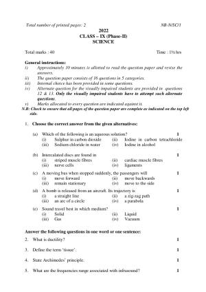 NBSE Class IX Final Examination 2022 Phase 2 Question Paper (All Subjects)