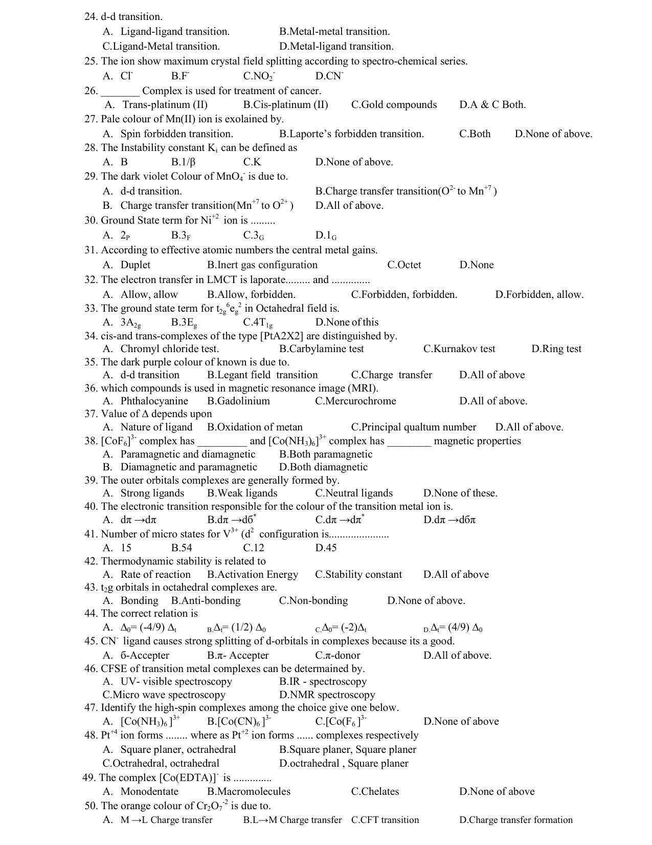 Hemchand North Gujarat University Sample Paper July-Sept 2021: M.Sc Sem. III CH N-603 (I) Co-Ordination Chemistry Paper-III Paper code - 5009 (Old Course) - Page 2