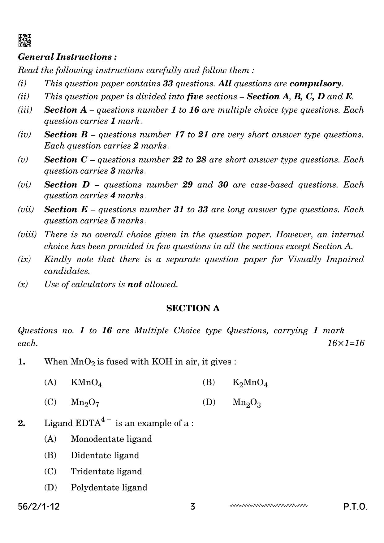 CBSE Class 12 56-2-1 Chemistry 2024 Question Paper - Page 3