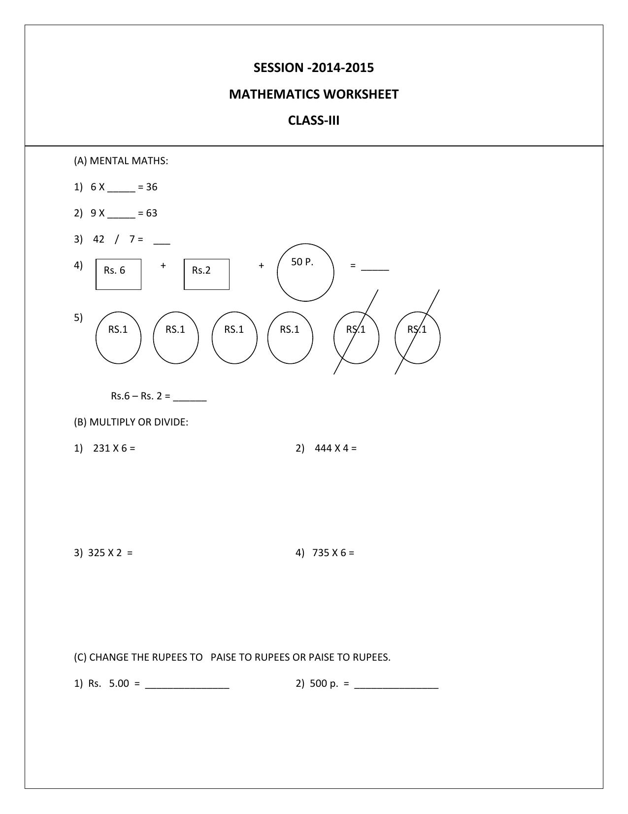 Worksheet for Class 3 Mathematics Assignment 79 - Page 1