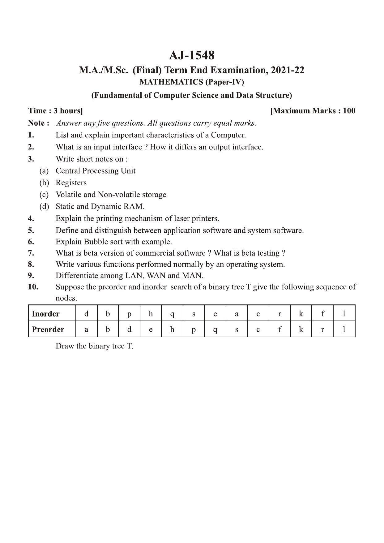 Bilaspur University Question Paper 2021-2022:M.Sc (Final) Mathematics Fundamental of Computer Science paper 1 - Page 1