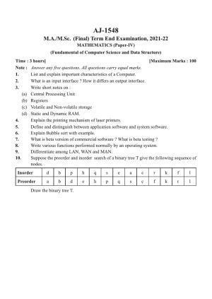 Bilaspur University Question Paper 2021-2022:M.Sc (Final) Mathematics Fundamental of Computer Science paper 1