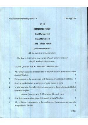 COHSEM Class 12 Sociology 2019 Question Papers