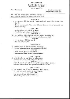 Bilaspur University Question Paper July 2022:B.A. L.L.B. (VI Sem.) Trust And Equity Paper 1 