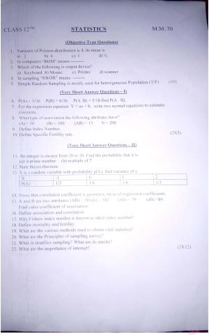 JKBOSE Class 12 Statistics Model Question Paper