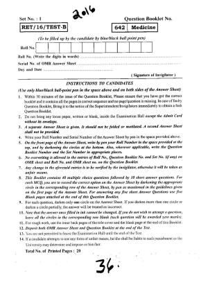 BHU RET MEDICINE 2016 Question Paper