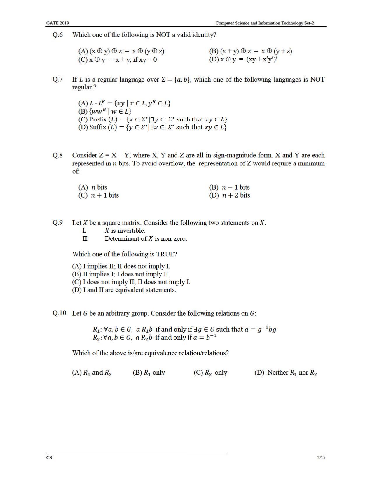 GATE 2019 Computer Science and Information Technology (CS) Question Paper - Page 5