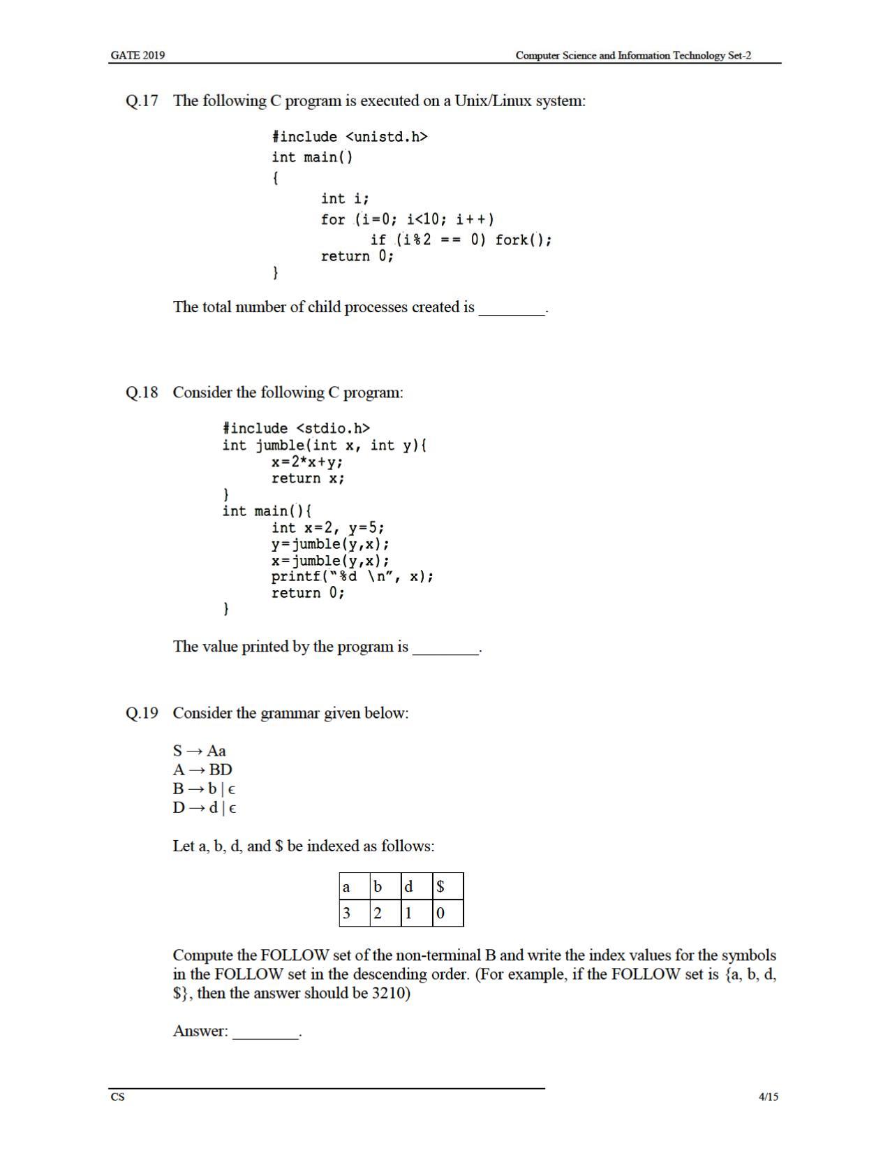 GATE 2019 Computer Science and Information Technology (CS) Question Paper - Page 7